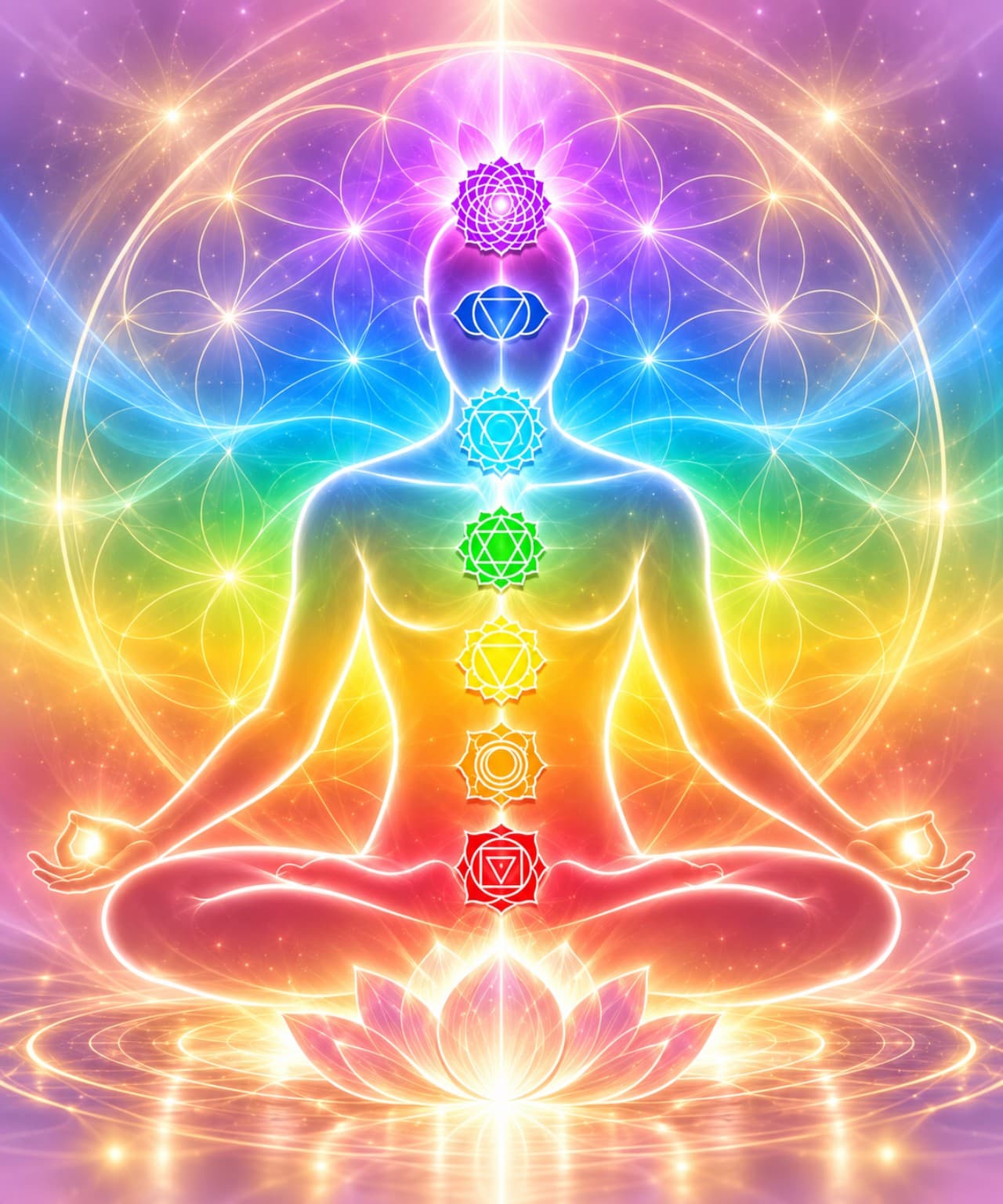 Pessoa em meditação com representação dos chakras para Leitura Energética